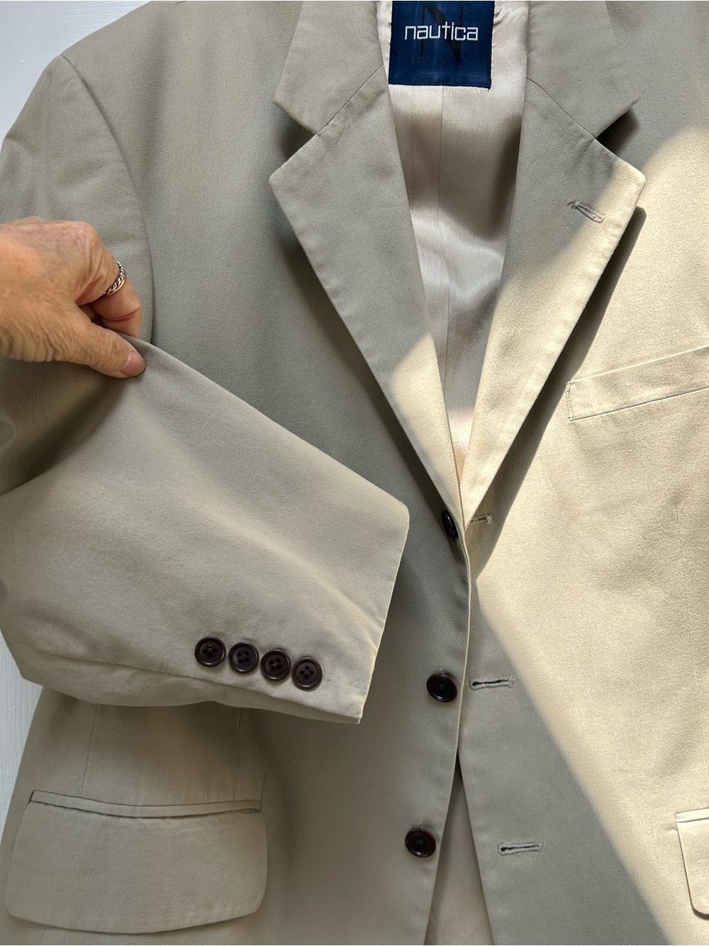 Nautica Men’s Light Khaki Single-Breasted Suit: Blazer42short and pants36 waist